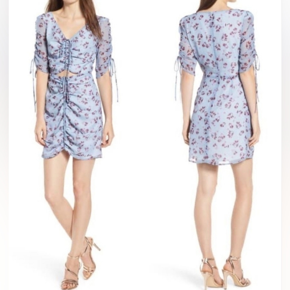 WAYF Larissa Ruched Mini Dress, Blue Floral, Cut-Out, Lined, Sheer Sleeves, EUC!
